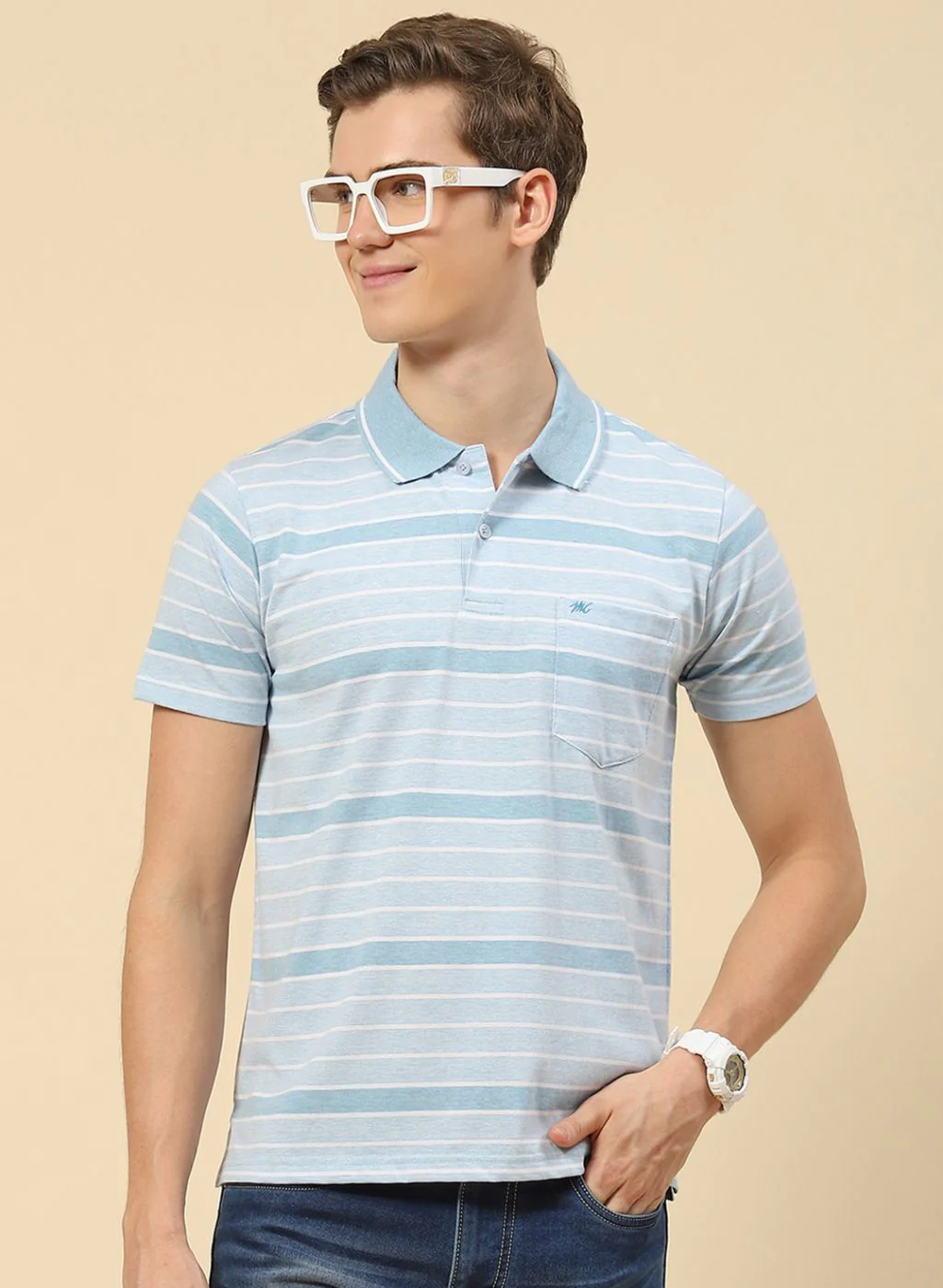 Men Sky Blue Stripe T-Shirt - Image 2