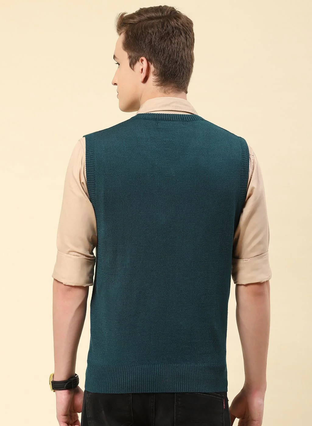 Men Teal Blue Solid Blend wool Sweater - Image 2