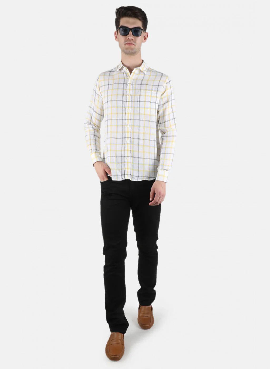 Men White Check Linen Shirt - Image 4