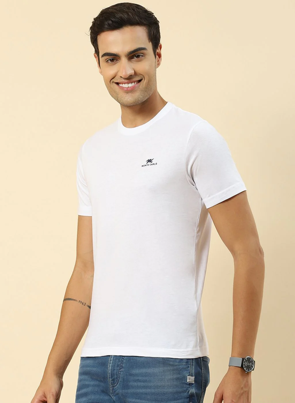Men White Plain T-Shirt - Image 2