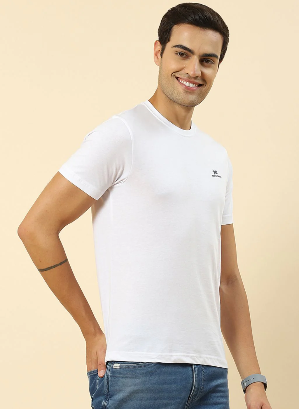 Men White Plain T-Shirt - Image 3