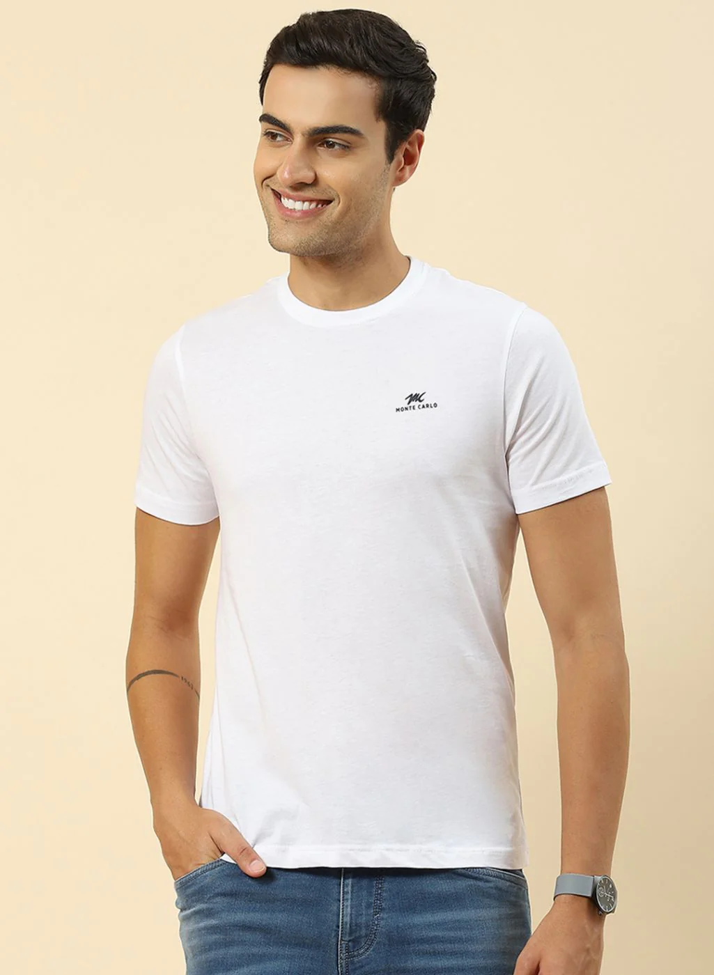Men White Plain T-Shirt - Image 6