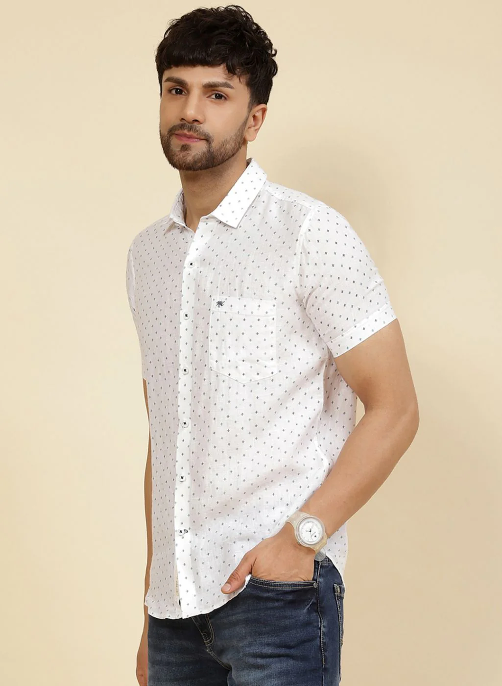 Men White Printed Linen Shirt - Image 3