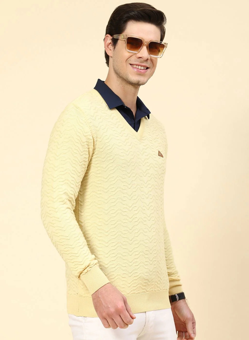 Men Yellow Self Design Pure wool Pullover - Image 4