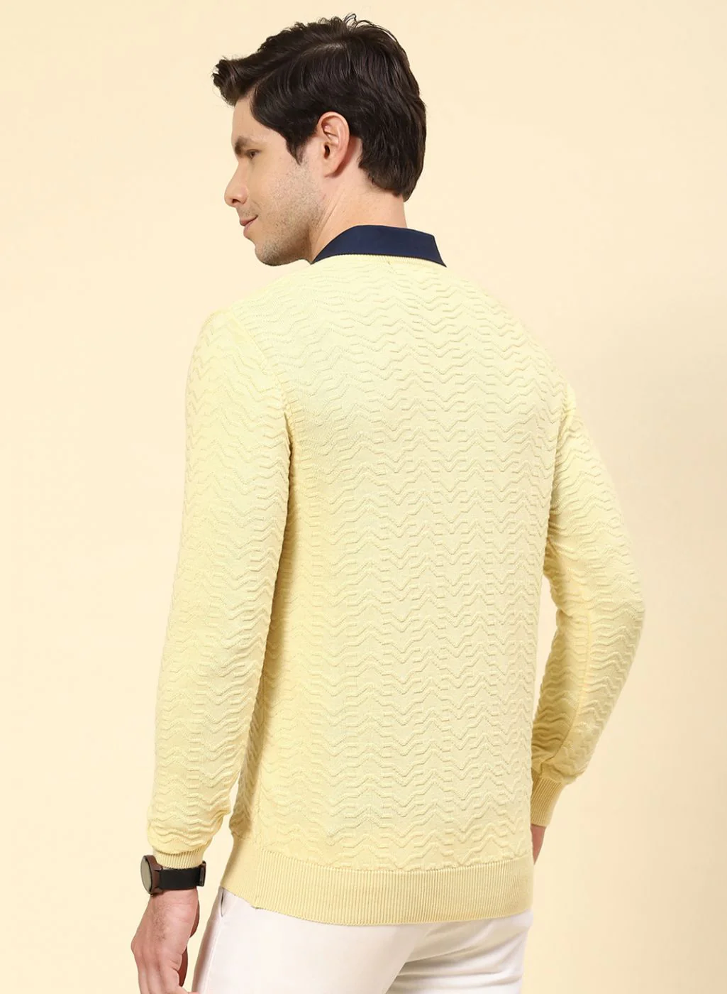 Men Yellow Self Design Pure wool Pullover - Image 5