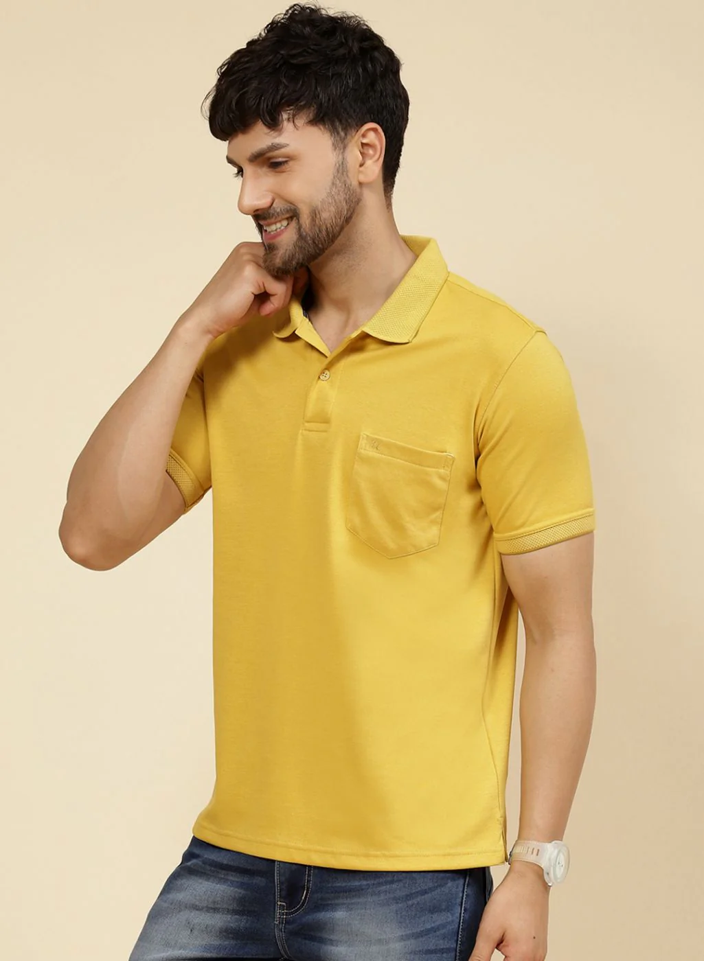 Men Yellow Solid T-Shirt - Image 3