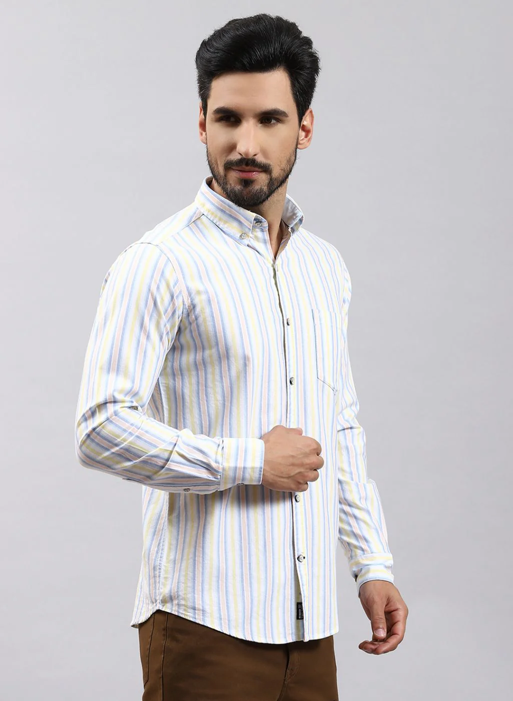 Men Yellow Stripe Pure Cotton Shirt - Image 4