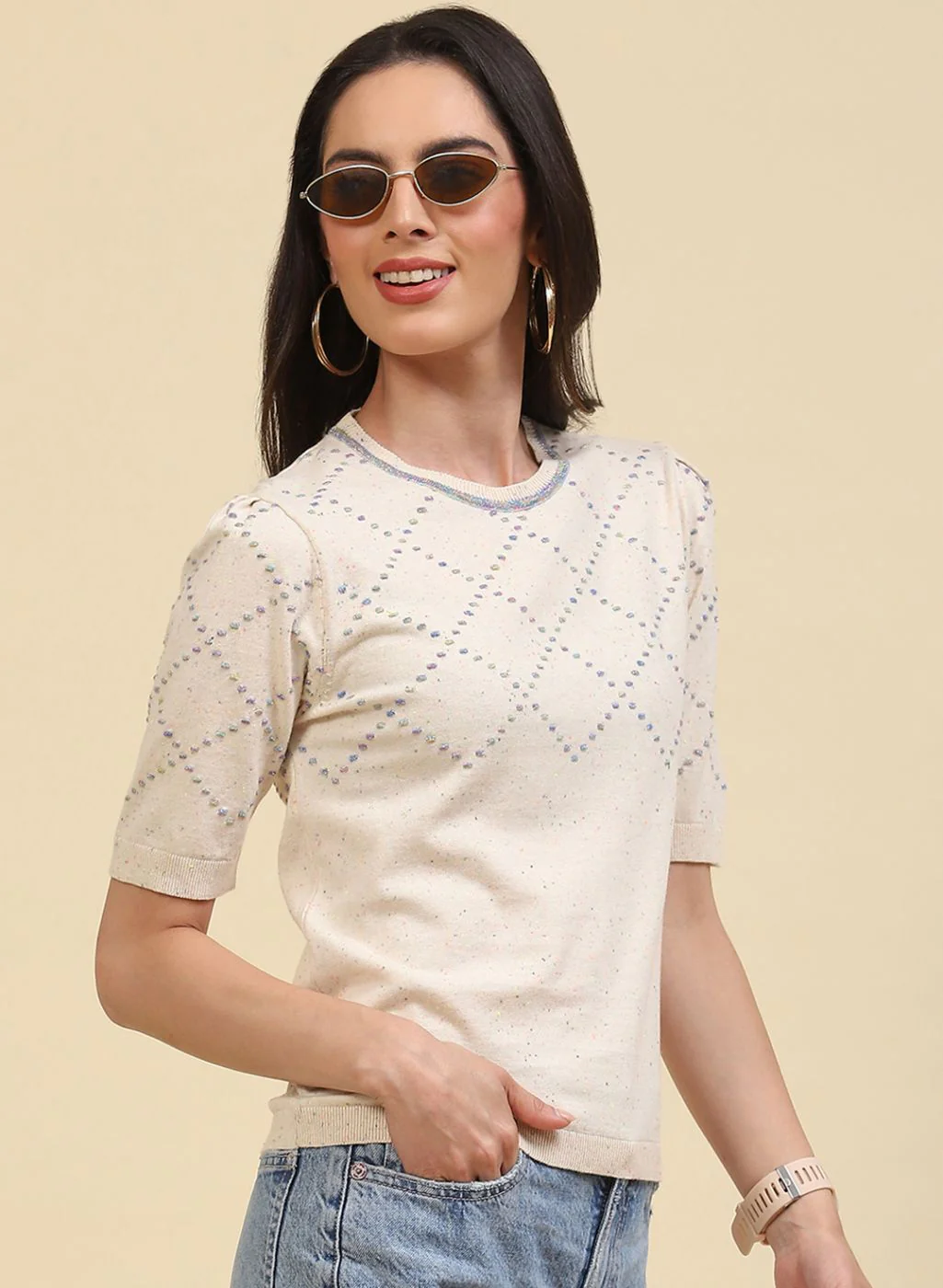 Women Beige Plain Top - Image 3