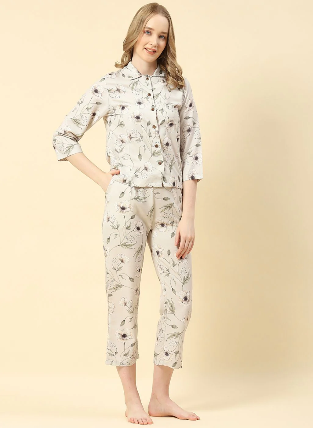 Women Beige Printed CoordiNAte Set - Image 3