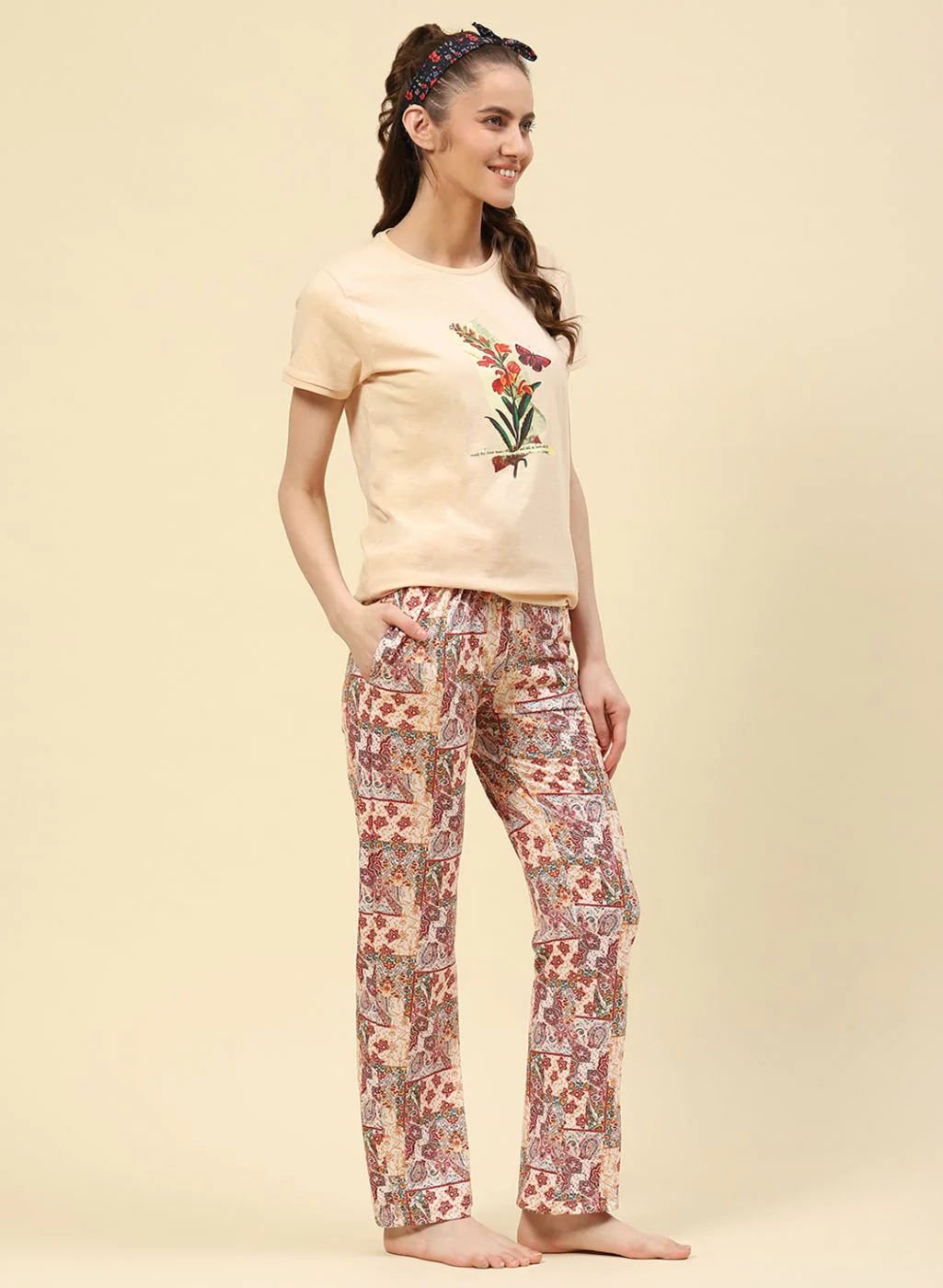 Women Beige Printed Lower Set - Image 3