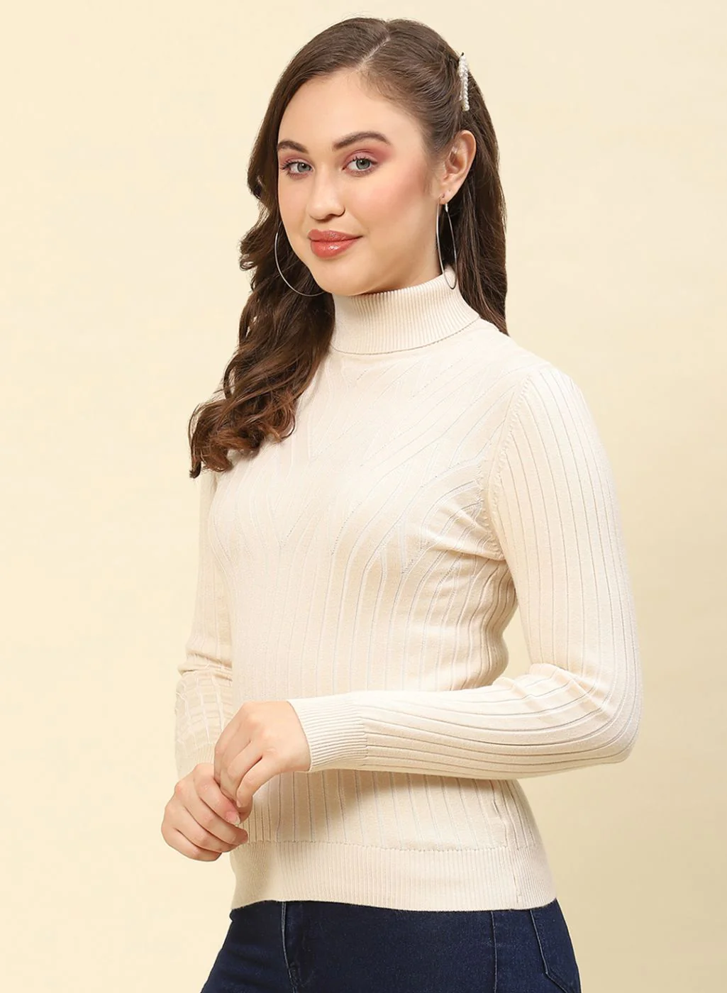 Women Beige Self Design Blend wool Winter Top - Image 3
