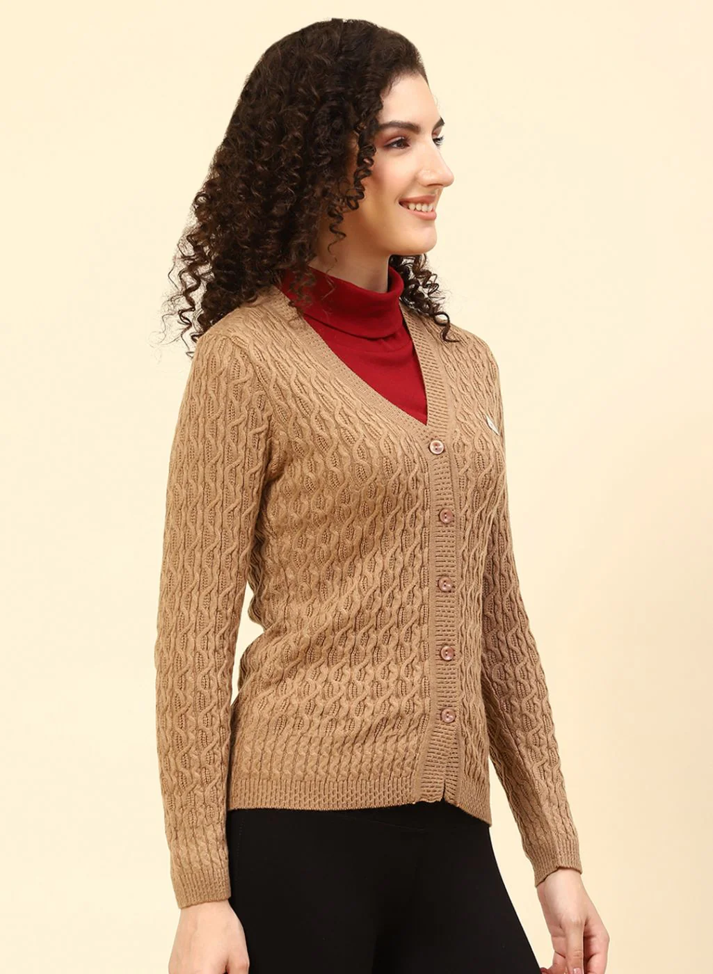 Women Beige Self Design Wool blend Cardigan - Image 4