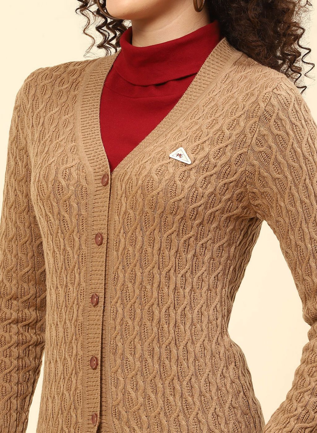 Women Beige Self Design Wool blend Cardigan - Image 6