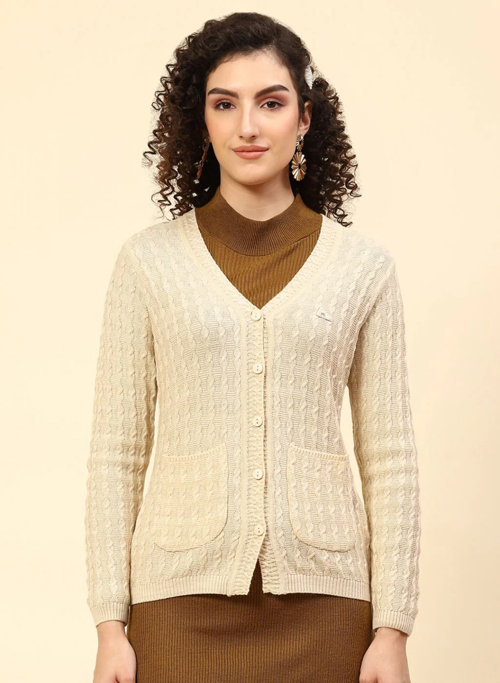 Women Beige Self Design Wool blend Cardigan - Image 2