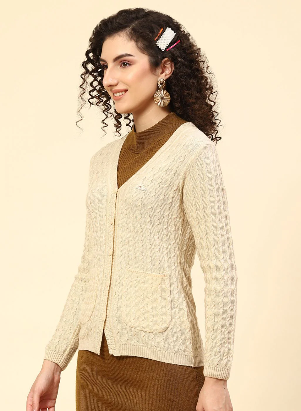 Women Beige Self Design Wool blend Cardigan - Image 3