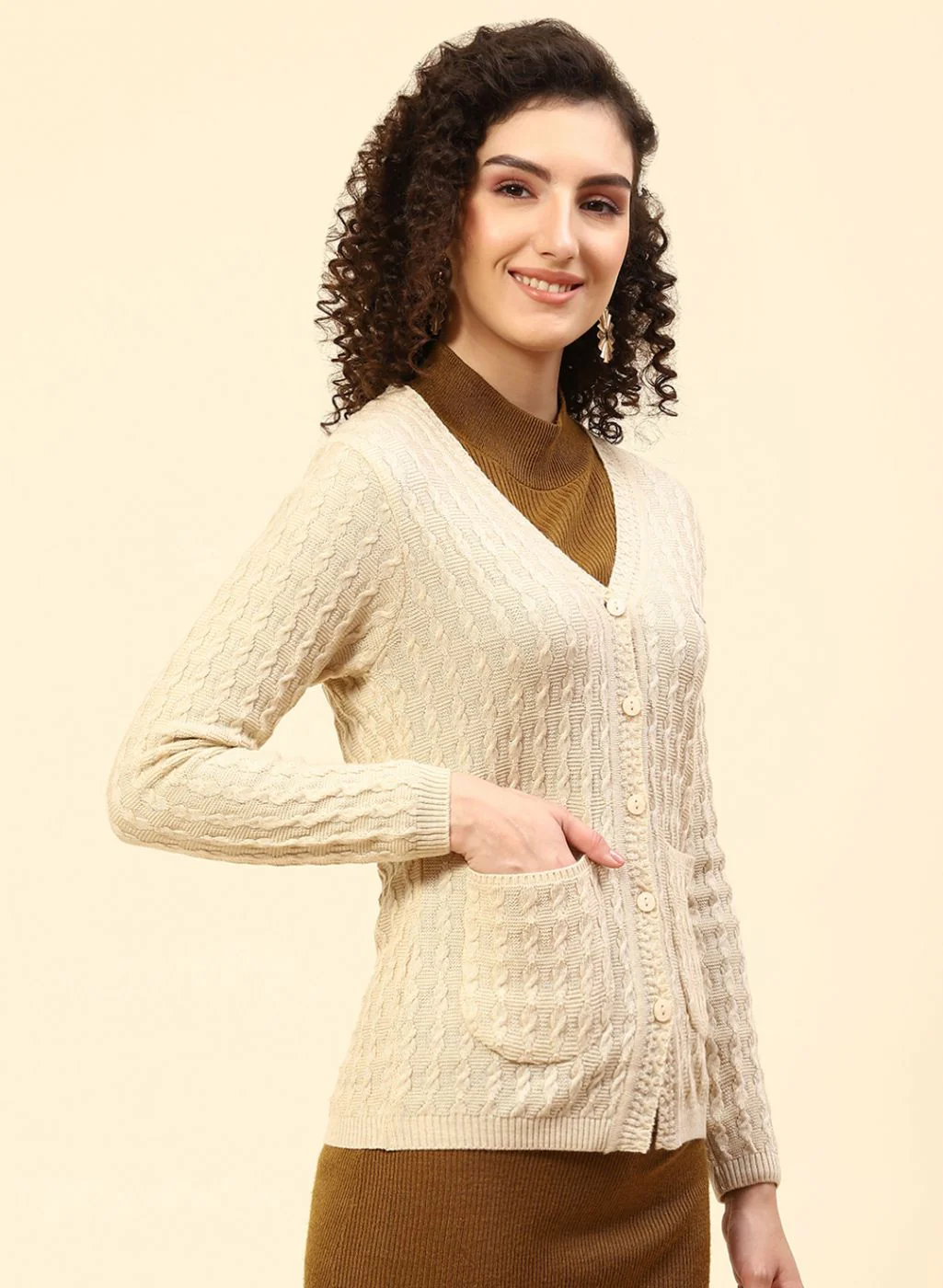 Women Beige Self Design Wool blend Cardigan - Image 4