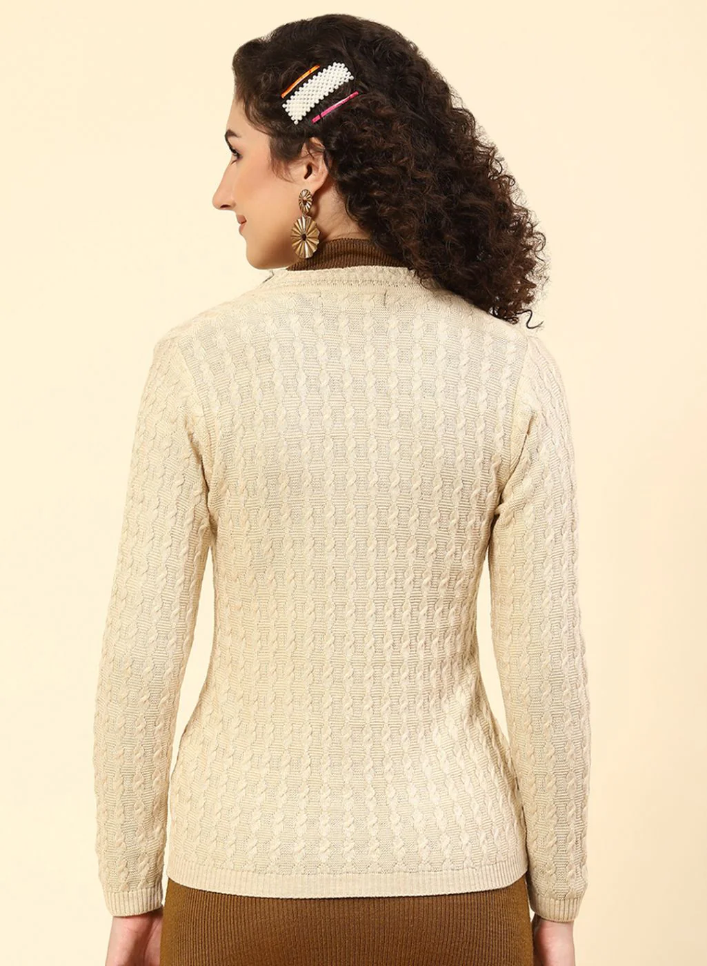 Women Beige Self Design Wool blend Cardigan - Image 5