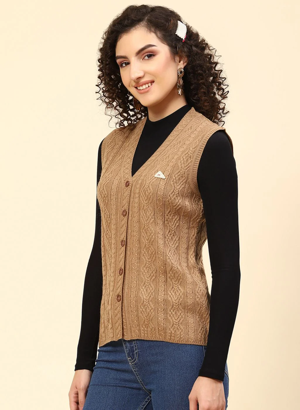 Women Beige Self Design Wool blend Cardigan - Image 3