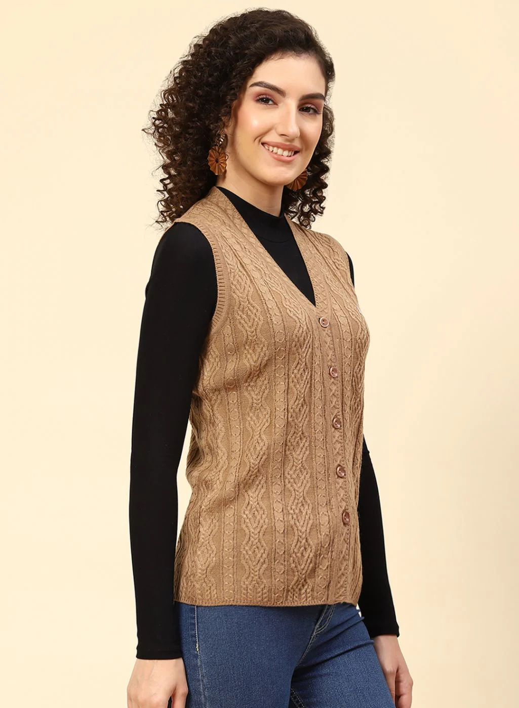 Women Beige Self Design Wool blend Cardigan - Image 4