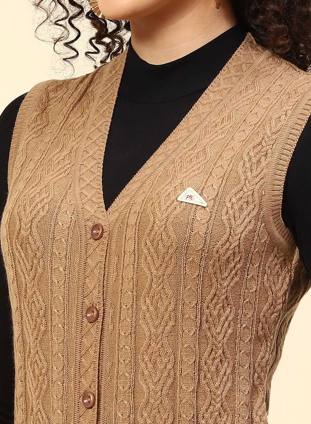 Women Beige Self Design Wool blend Cardigan - Image 6