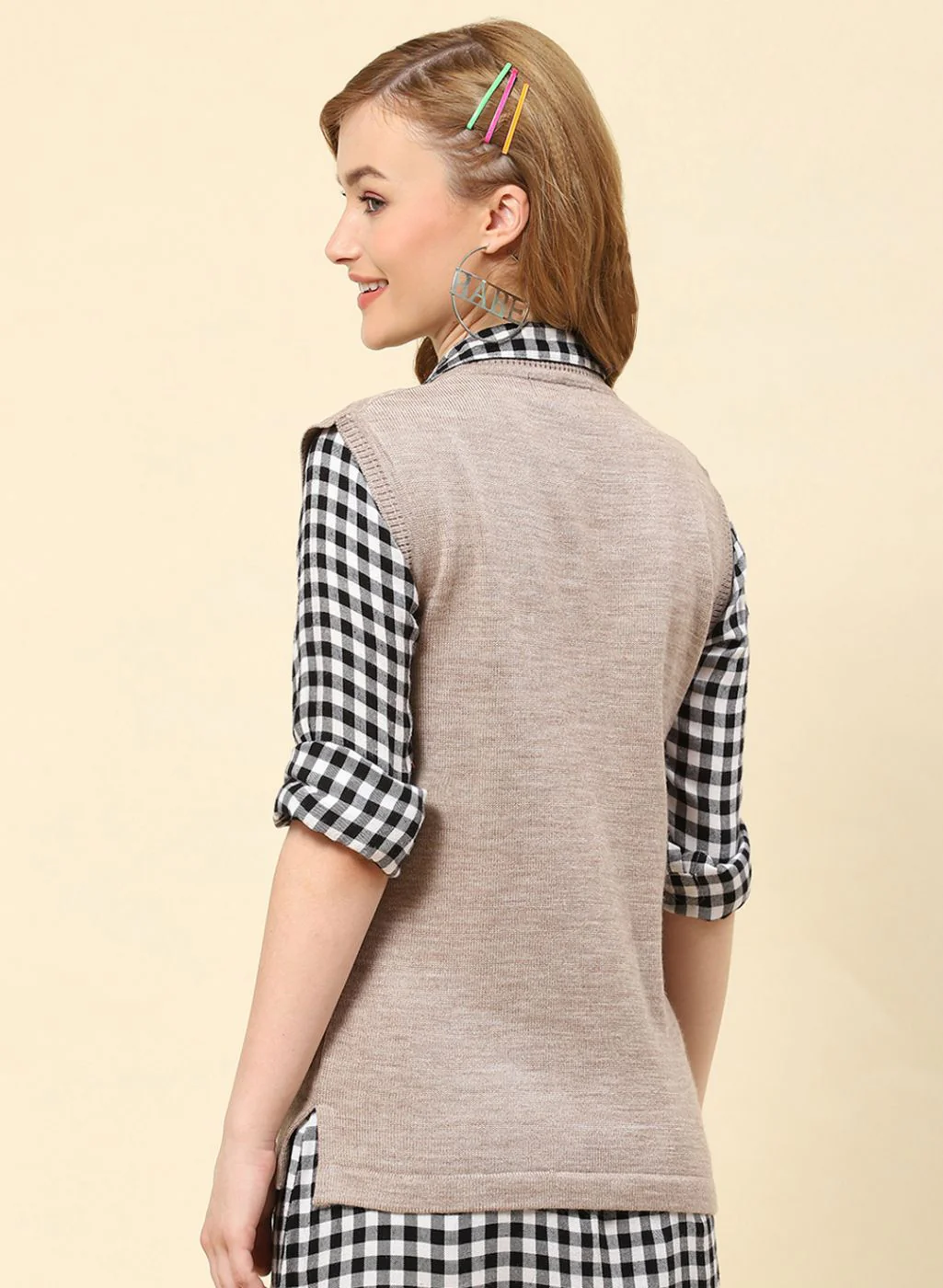 Women Beige Solid Blend wool Cardigan - Image 5