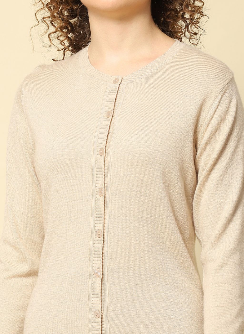 Women Beige Solid Modal Nylone Cardigan - Image 6