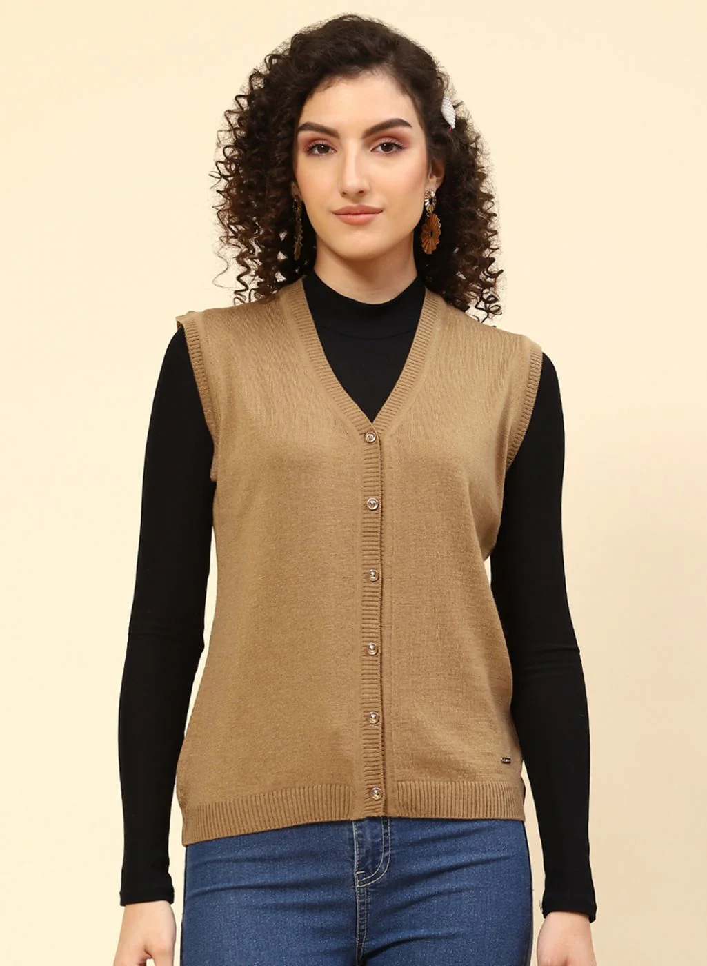 Women Beige Solid Wool blend Cardigan - Image 2