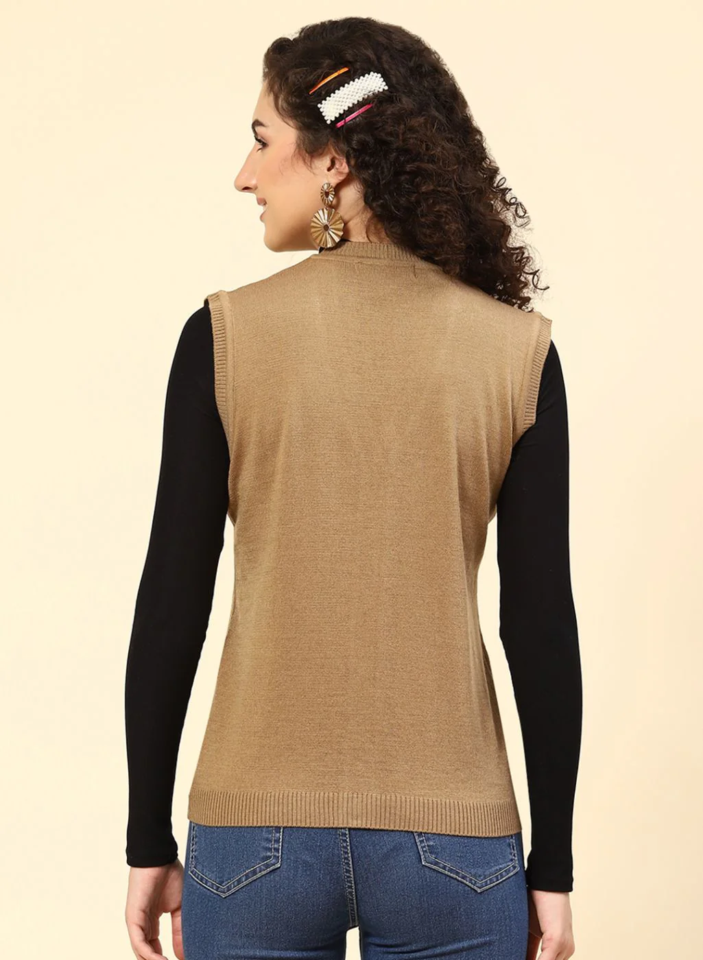 Women Beige Solid Wool blend Cardigan - Image 5