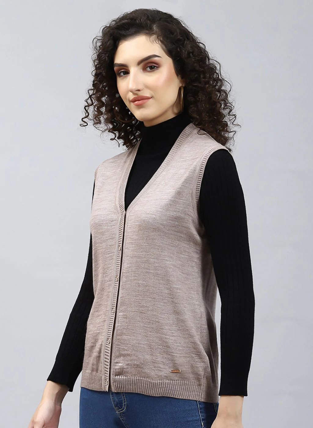 Women Beige Solid Wool blend Cardigan - Image 3