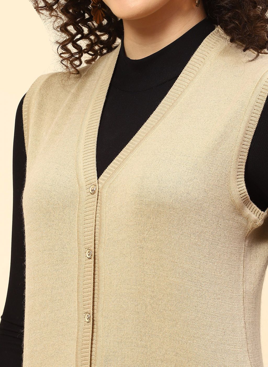 Women Beige Solid Wool blend Cardigan - Image 6