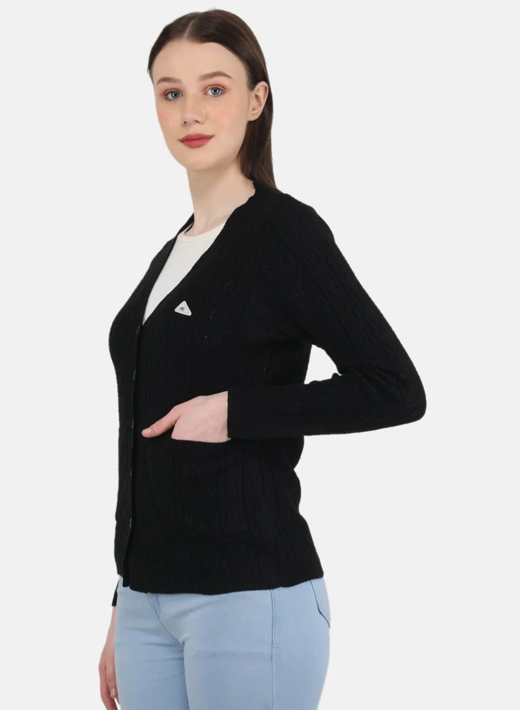 Women Black Self Design Cardigan - Image 2