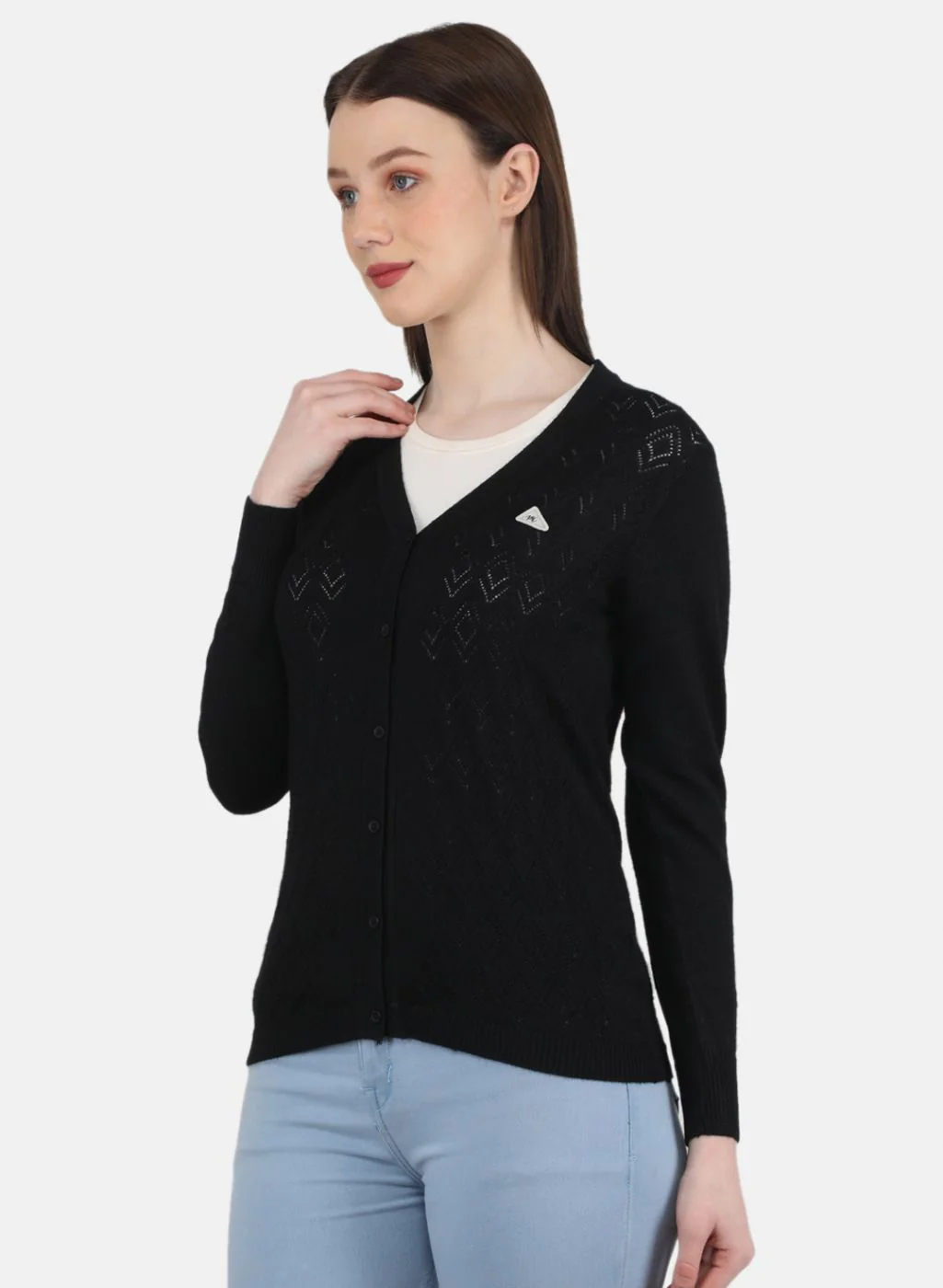 Women Black Self Design Cardigan - Image 2