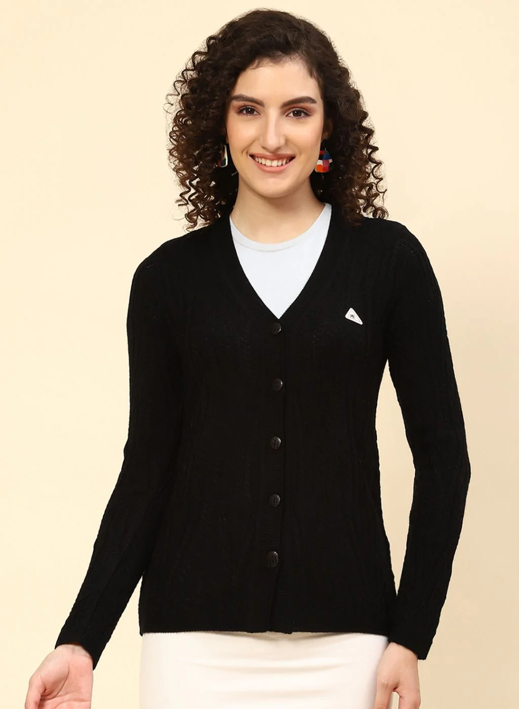 Women Black Self Design Wool blend Cardigan - Image 2