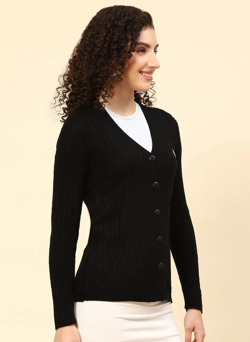 Women Black Self Design Wool blend Cardigan - Image 4