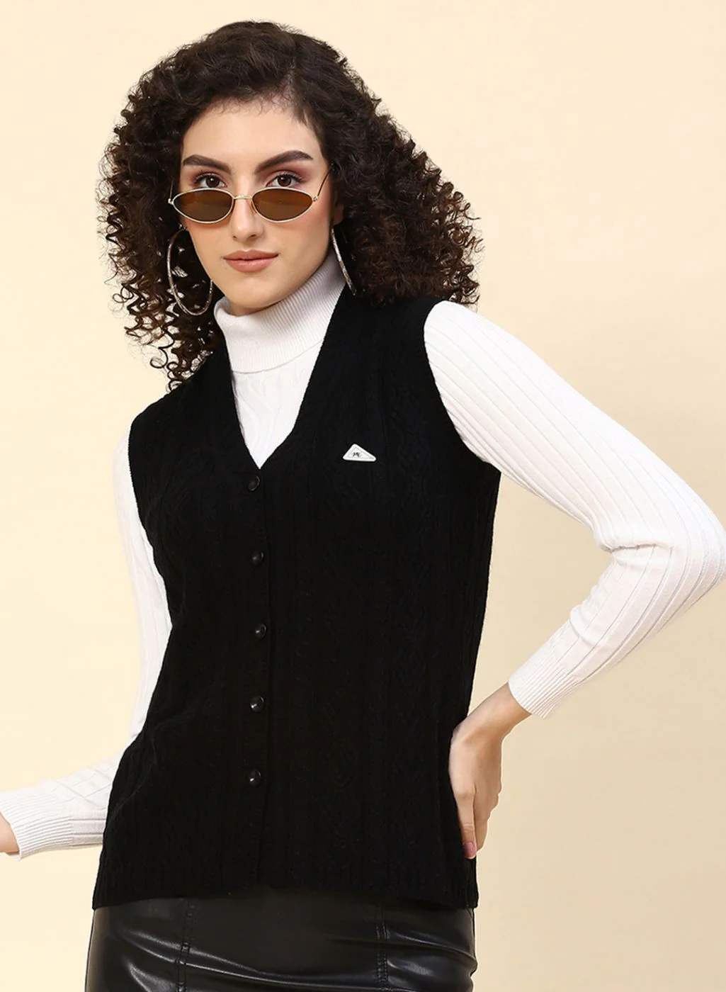 Women Black Self Design Wool blend Cardigan - Image 2