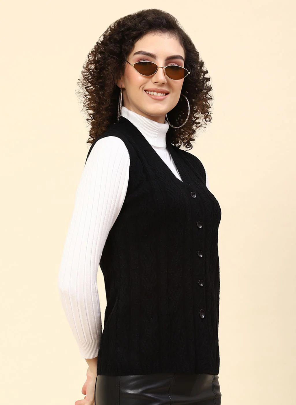 Women Black Self Design Wool blend Cardigan - Image 4