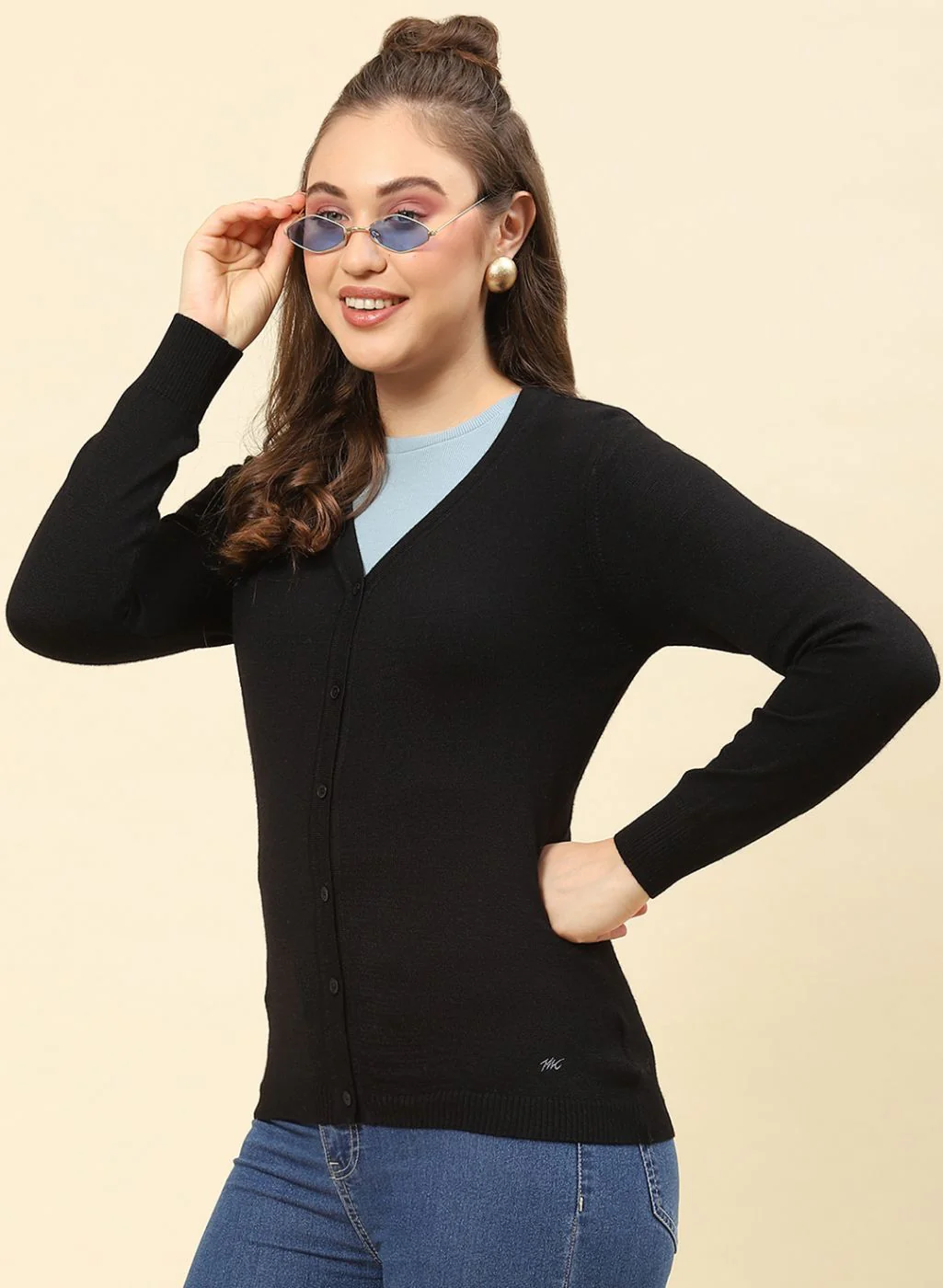 Women Black Solid Modal Nylone Cardigan - Image 3