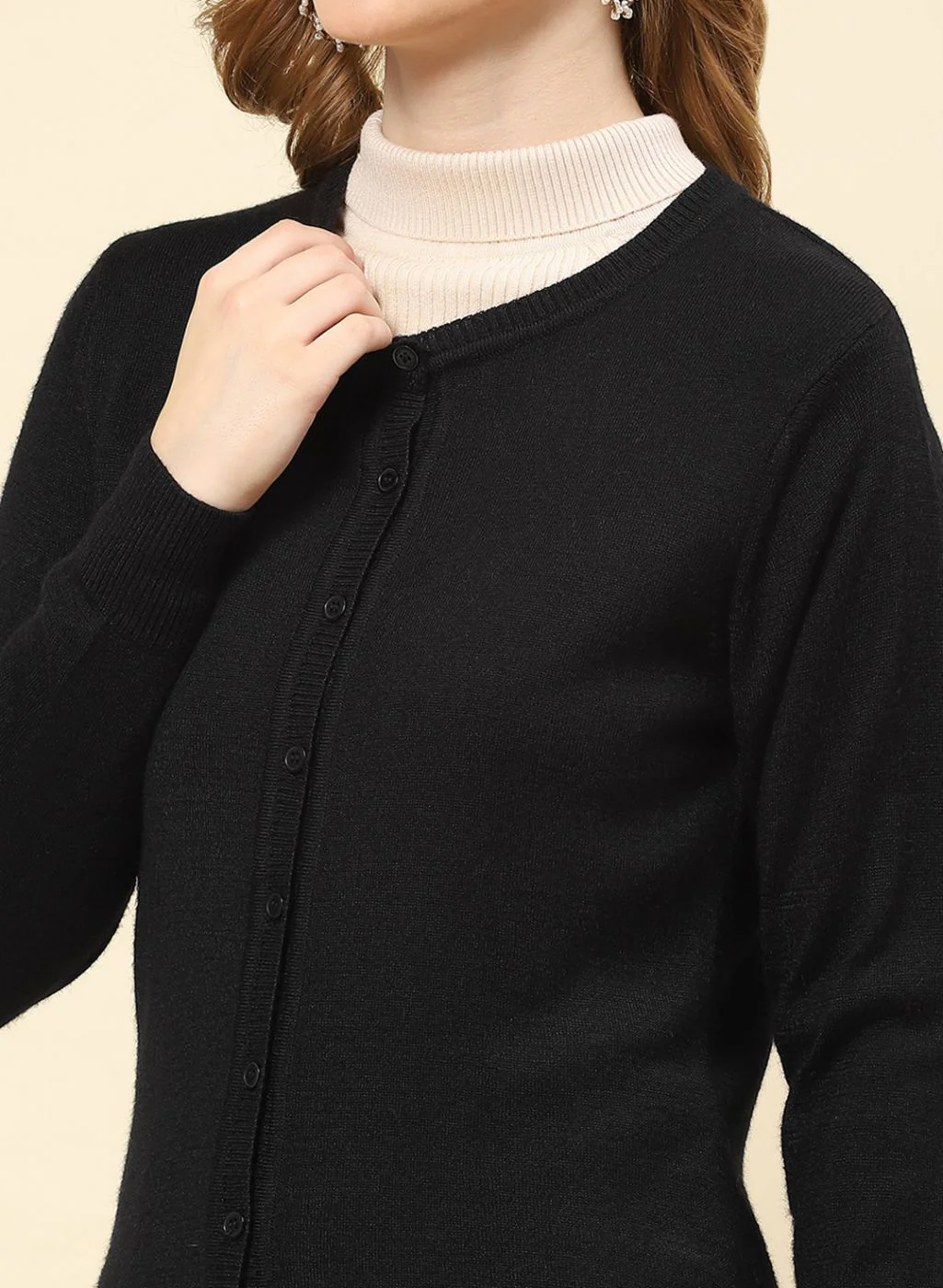 Women Black Solid Modal Nylone Cardigan - Image 6