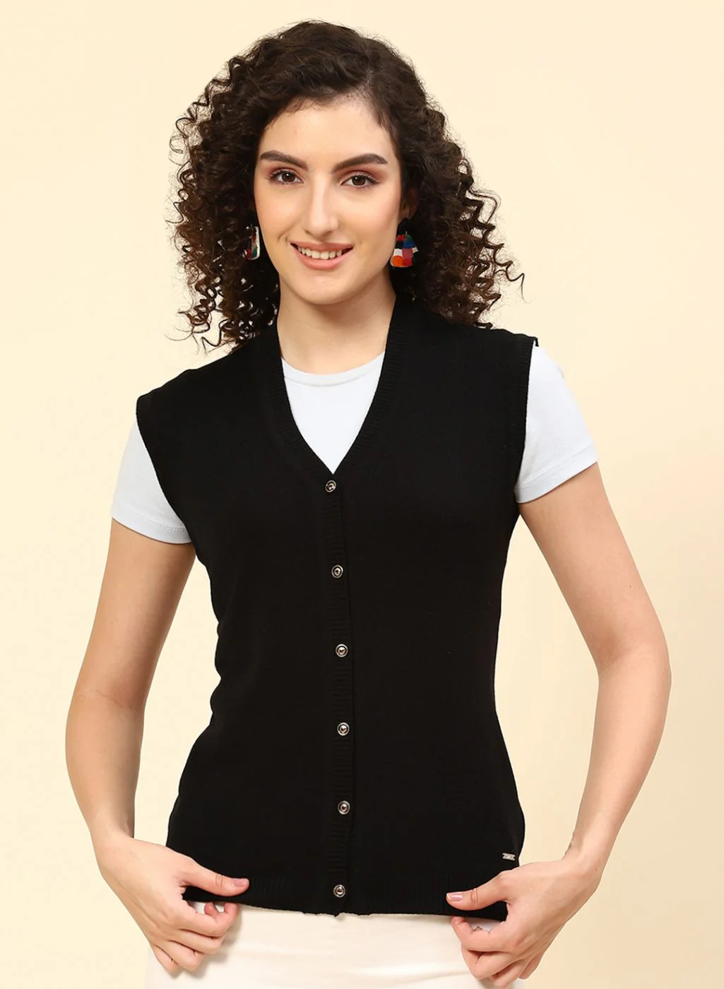 Women Black Solid Wool blend Cardigan - Image 2