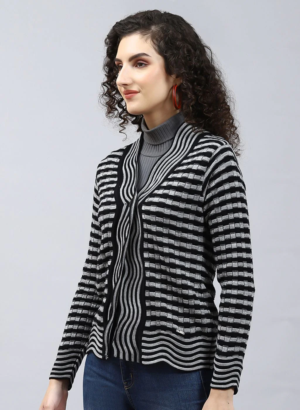 Women Black Stripe Wool blend Cardigan - Image 3
