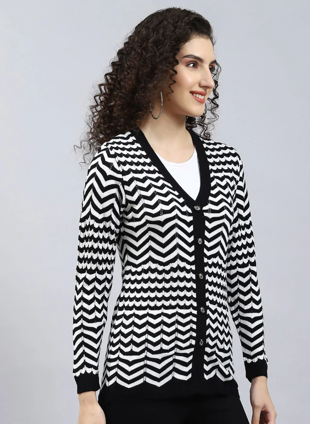 Women Black Stripe Wool blend Cardigan - Image 4