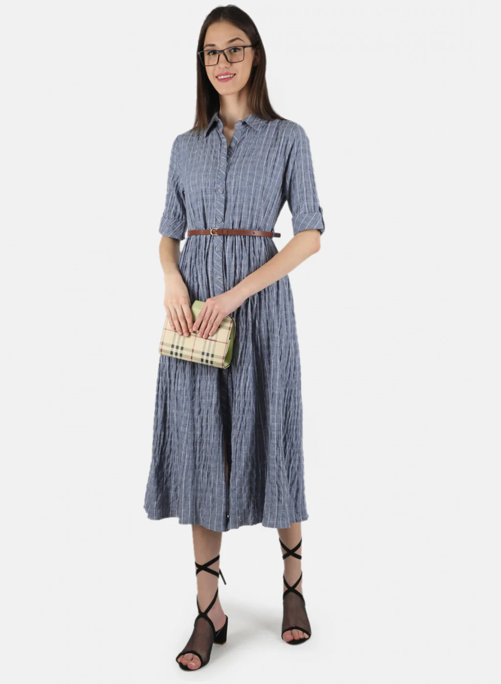 Women Blue Check Dress - Image 4