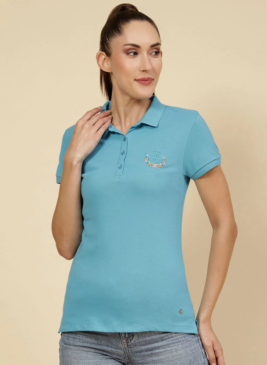 Women Blue Embroidered T-Shirt - Image 2