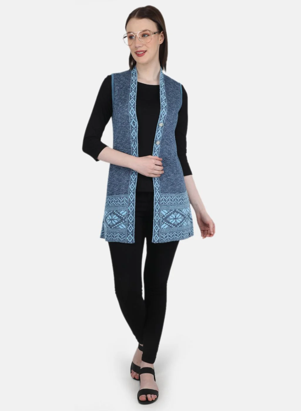 Women Blue Jaquard Cardigan - Image 4