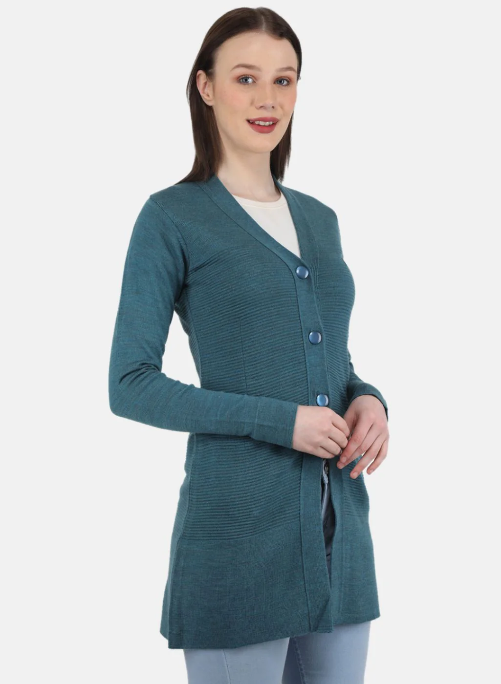 Women Blue Self Design Cardigan - Image 6