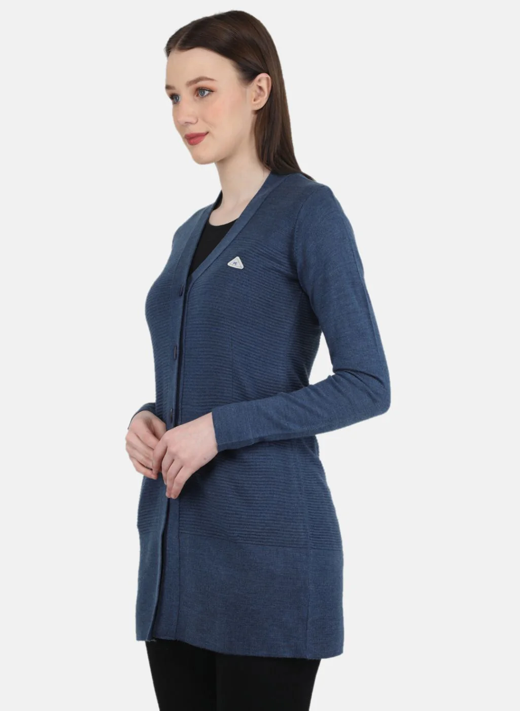 Women Blue Self Design Cardigan - Image 2