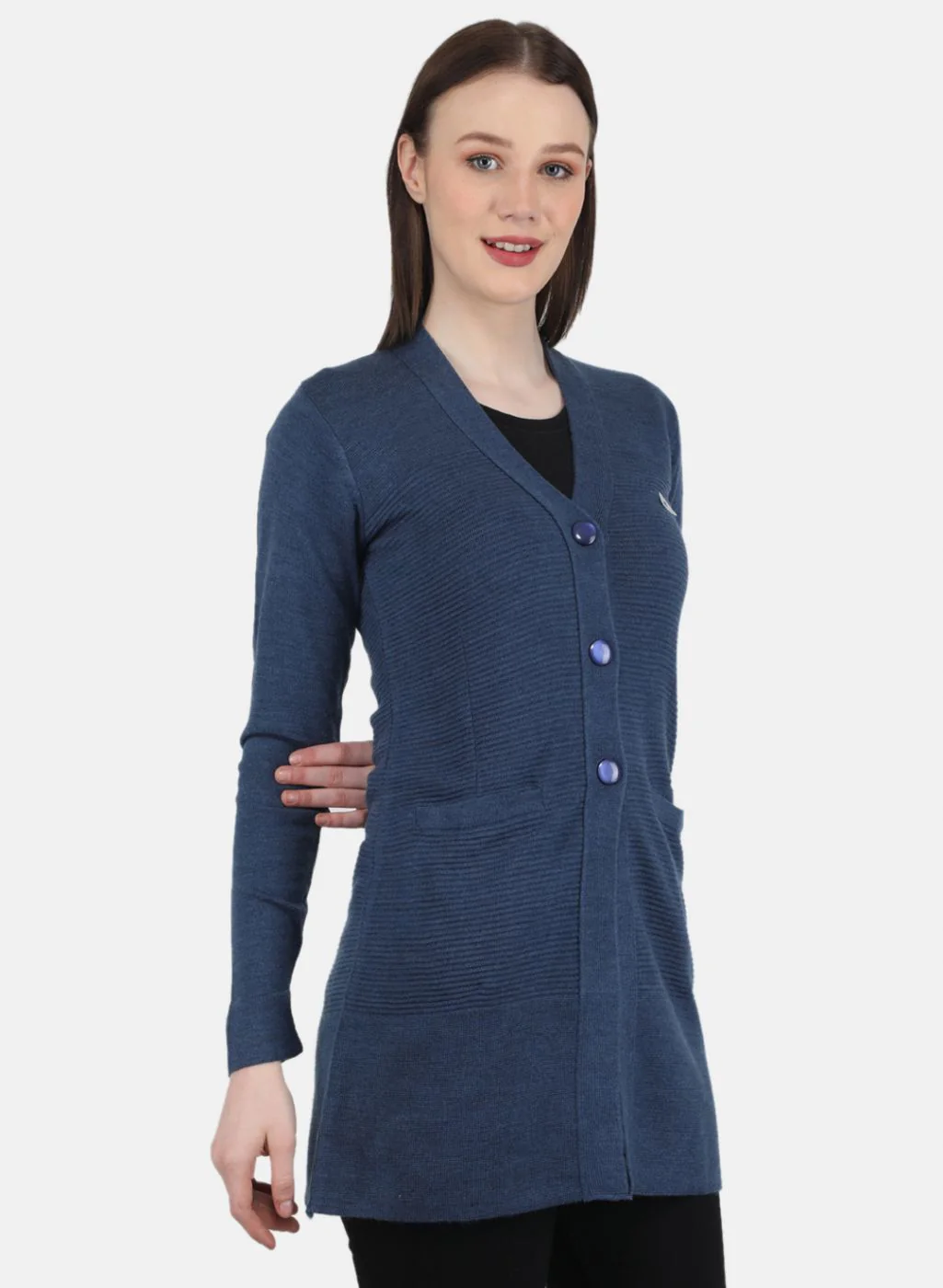 Women Blue Self Design Cardigan - Image 6