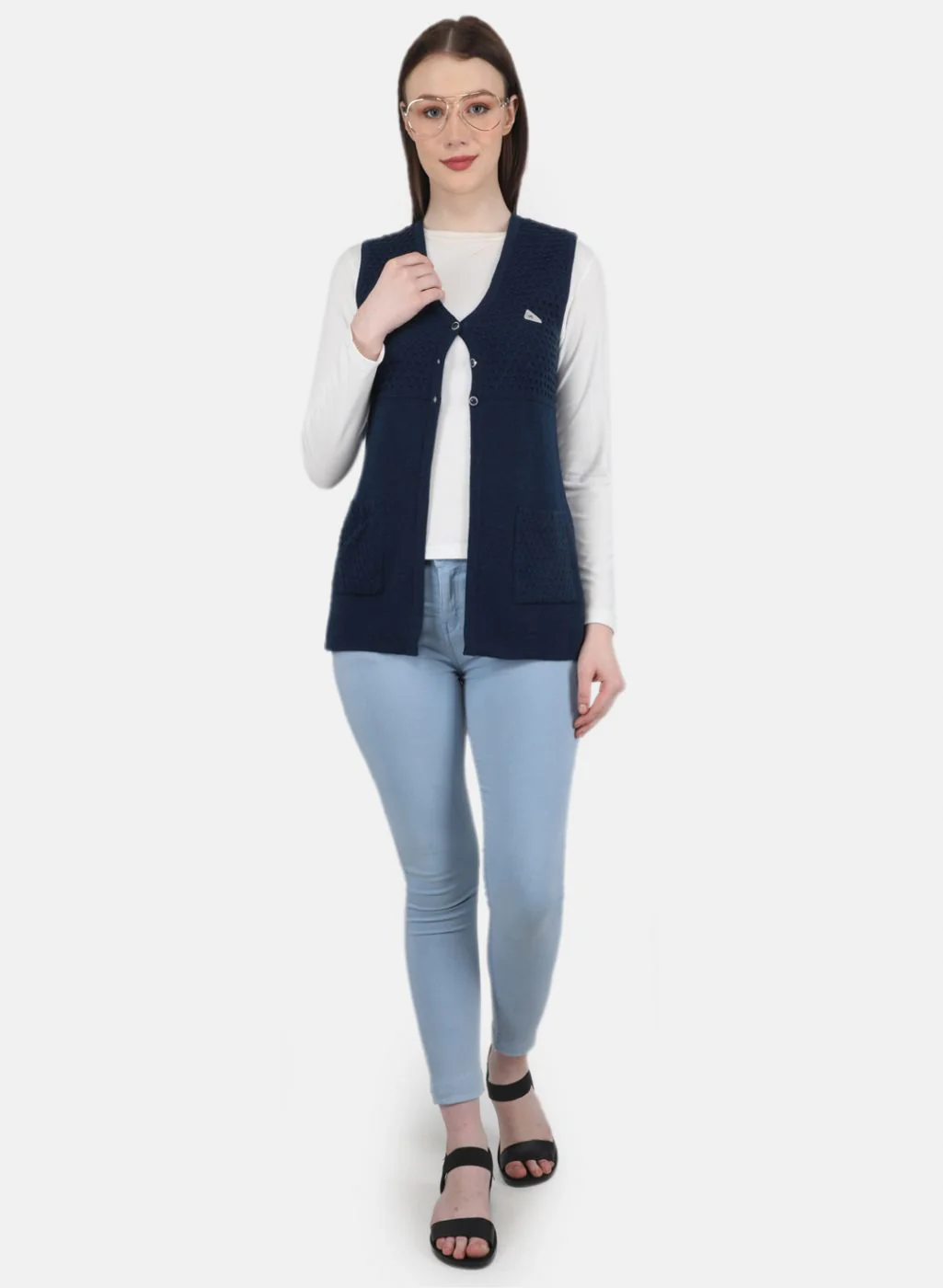 Women Blue Self Design Cardigan - Image 4