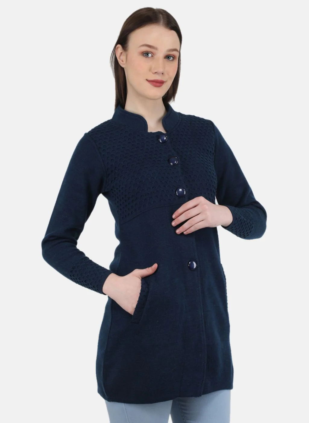 Women Blue Self Design Coat - Image 6