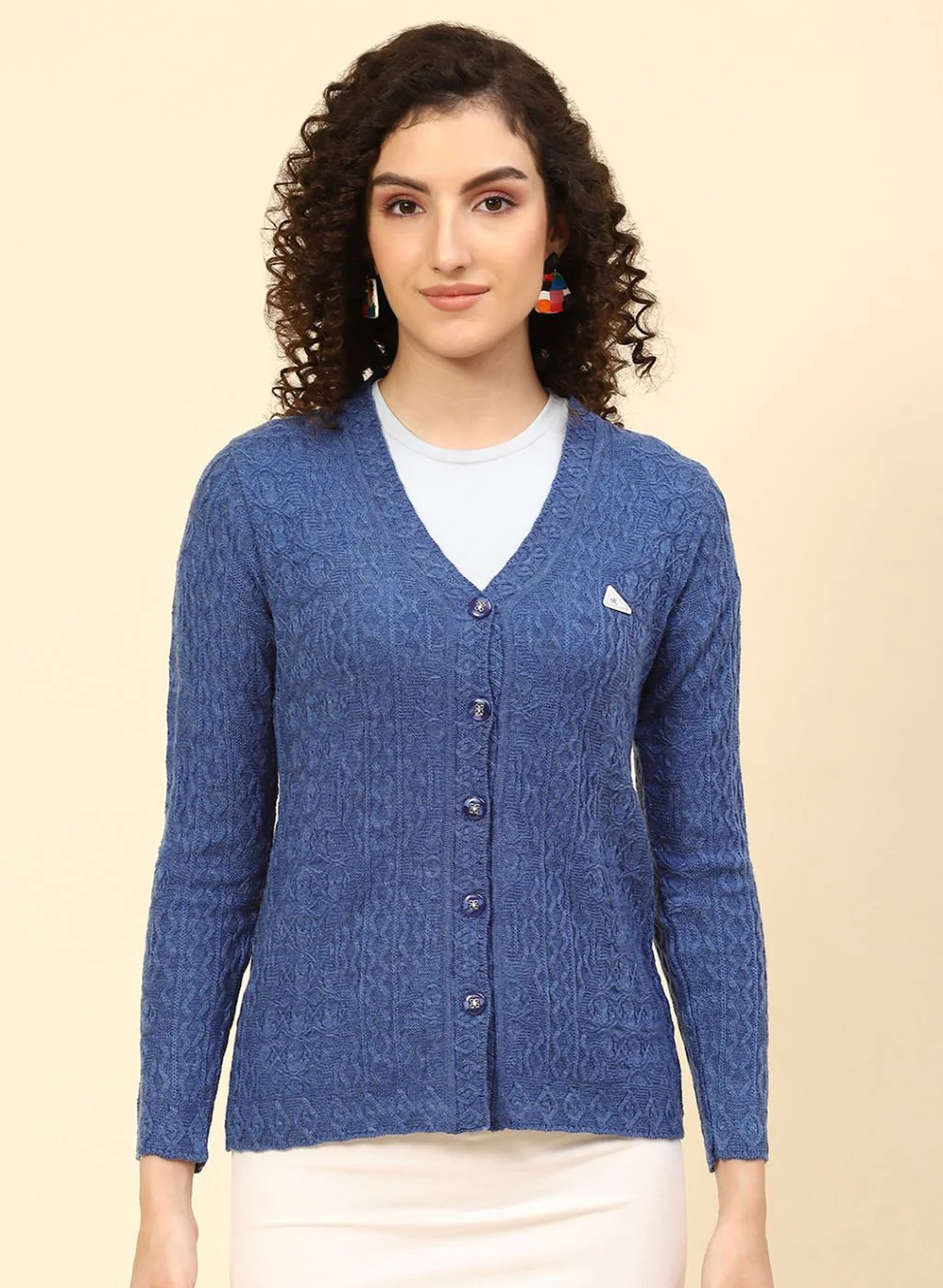 Women Blue Self Design Wool blend Cardigan - Image 2